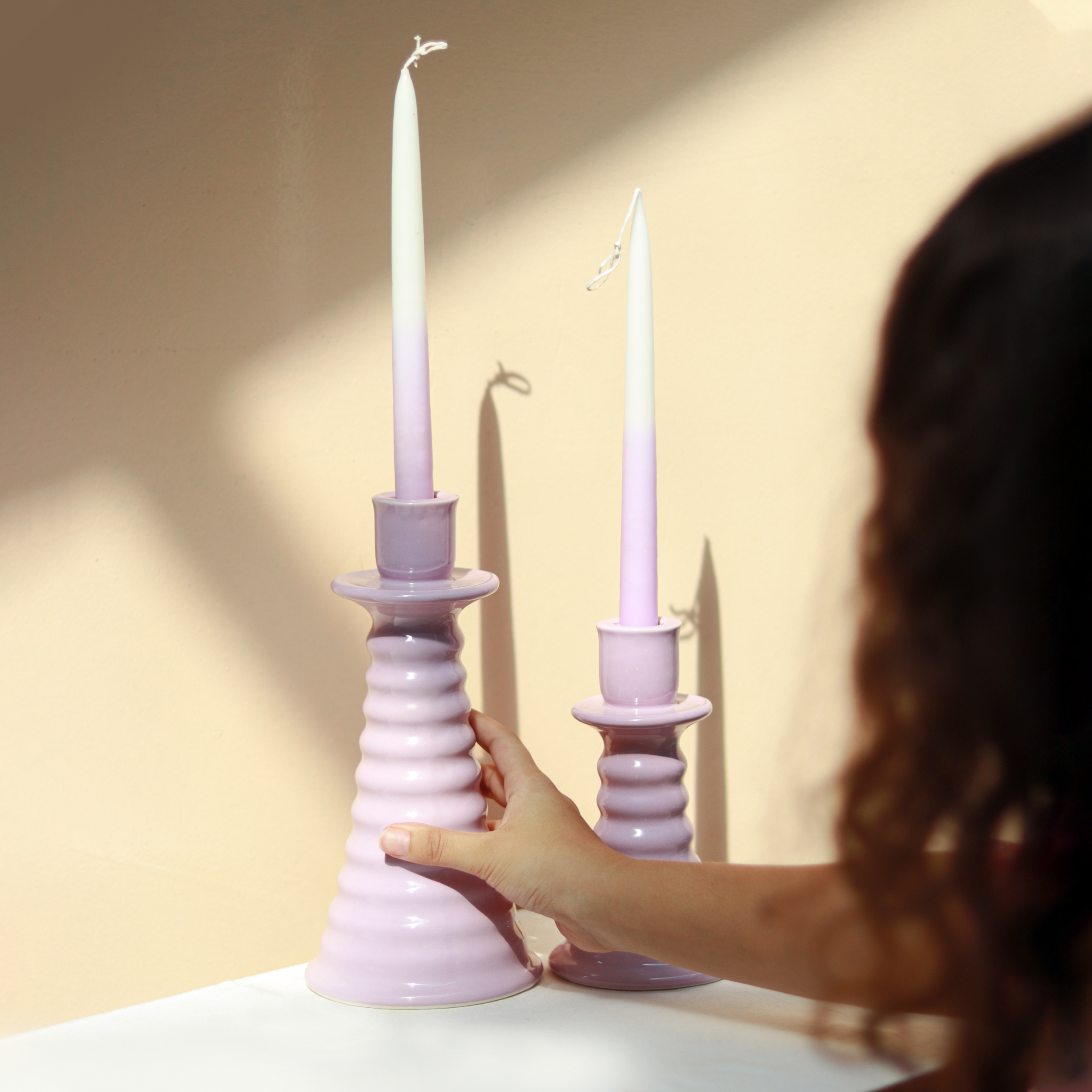 Lilac Coil Gift Box - Two Ombre Candles + Two Candle holders (Unpacked)