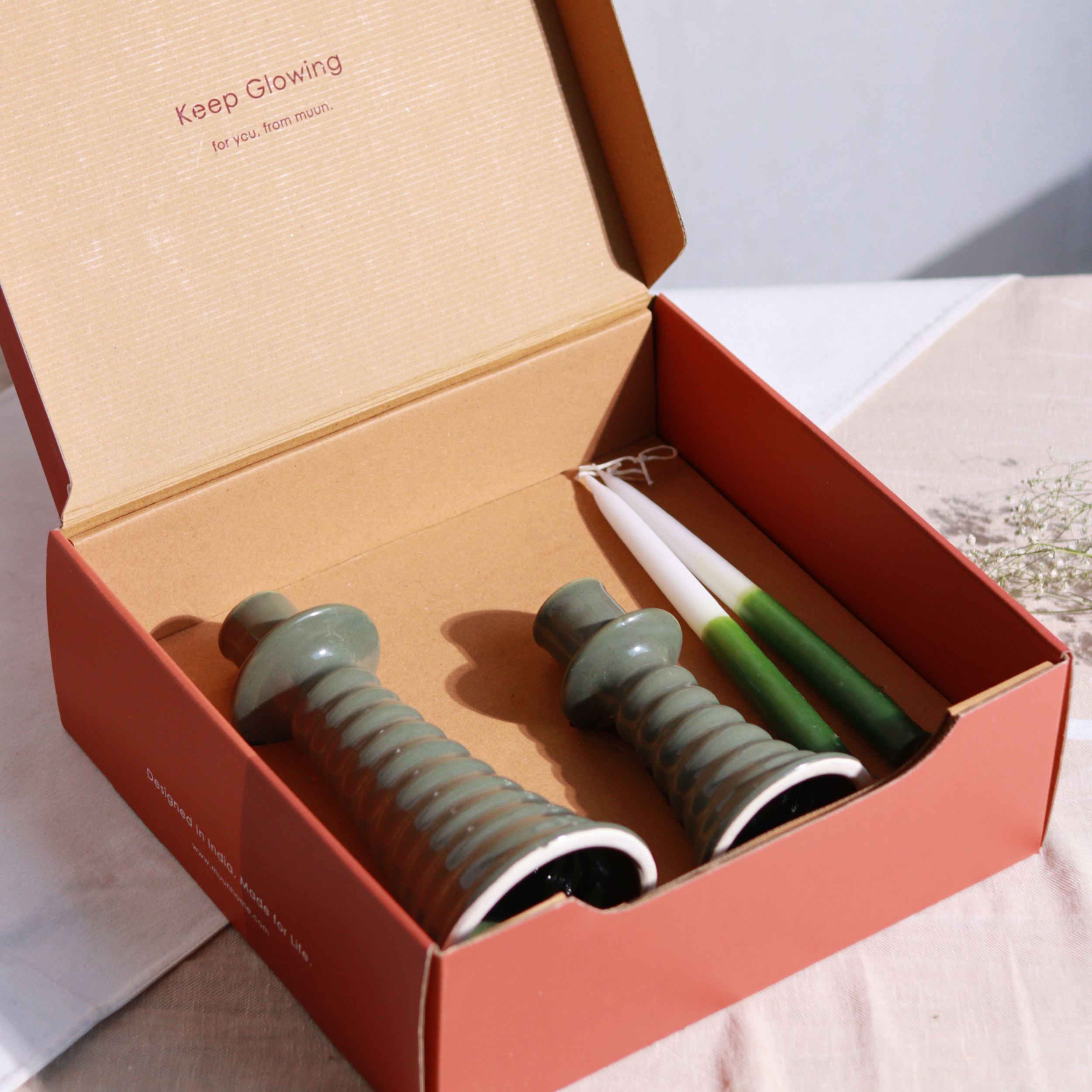 Sage Coil Gift Box - Two Ombre Candles + Two Candle holders (Unpacked)