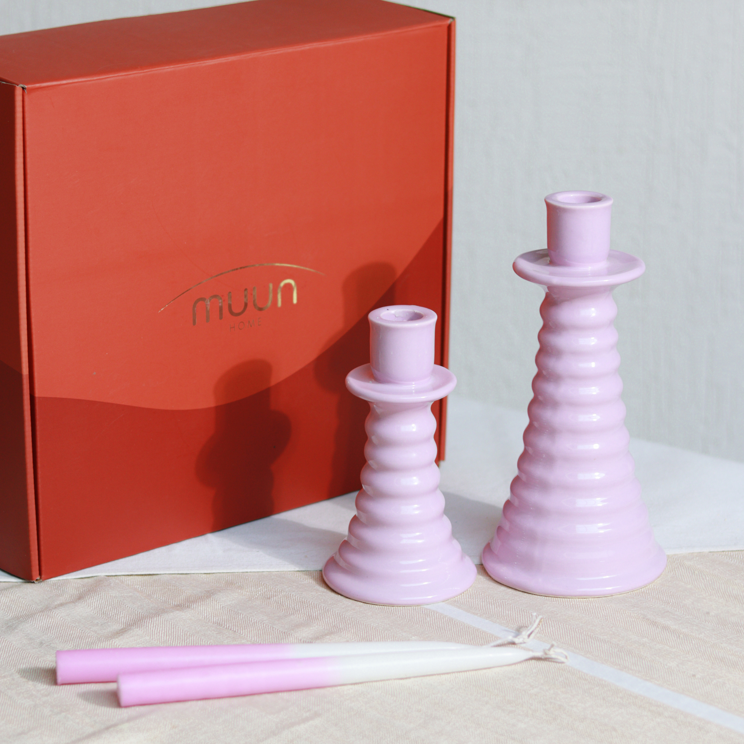 Lilac Coil Gift Box - Two Ombre Candles + Two Candle holders (Unpacked)