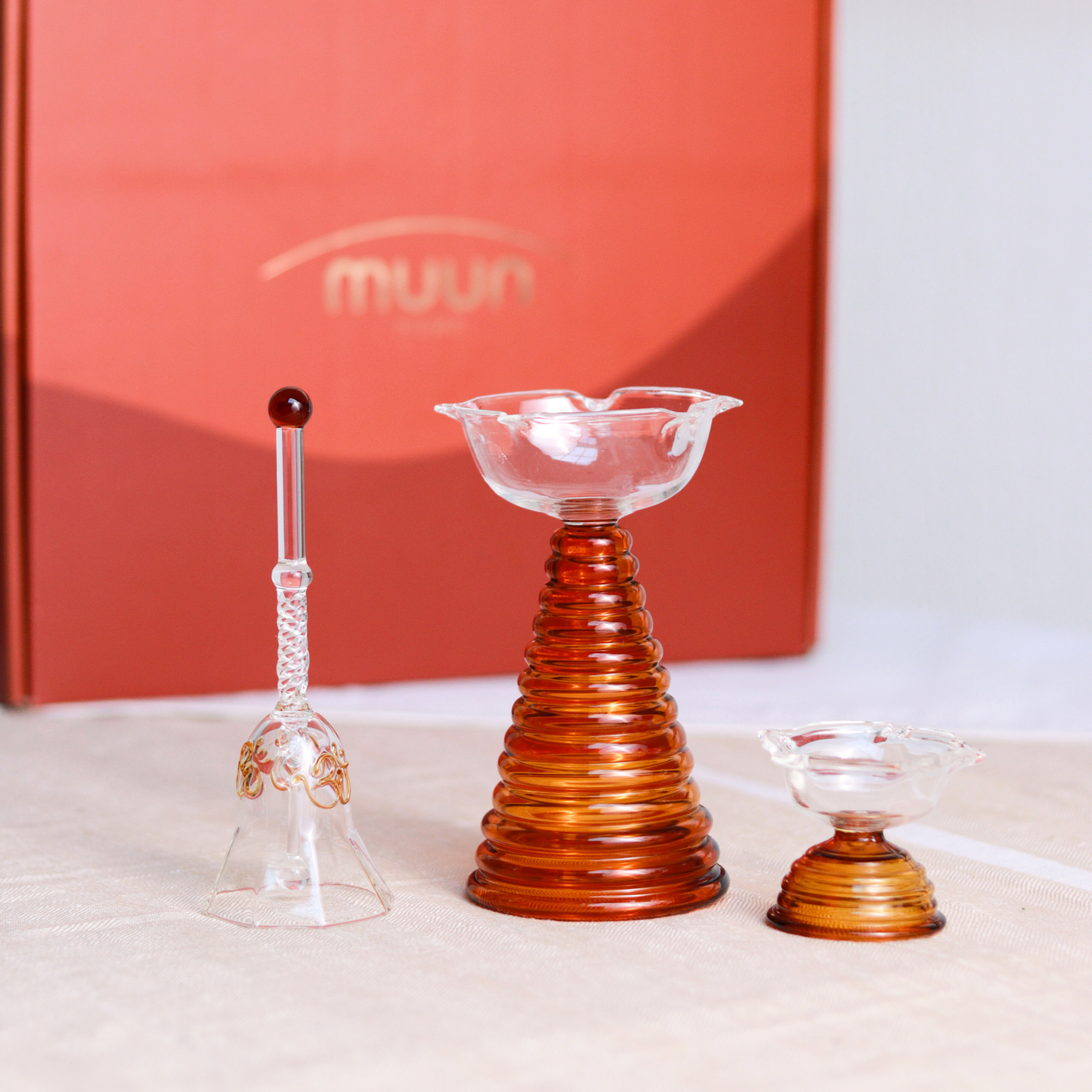 Orange Glass Bell and Glass Diya Set