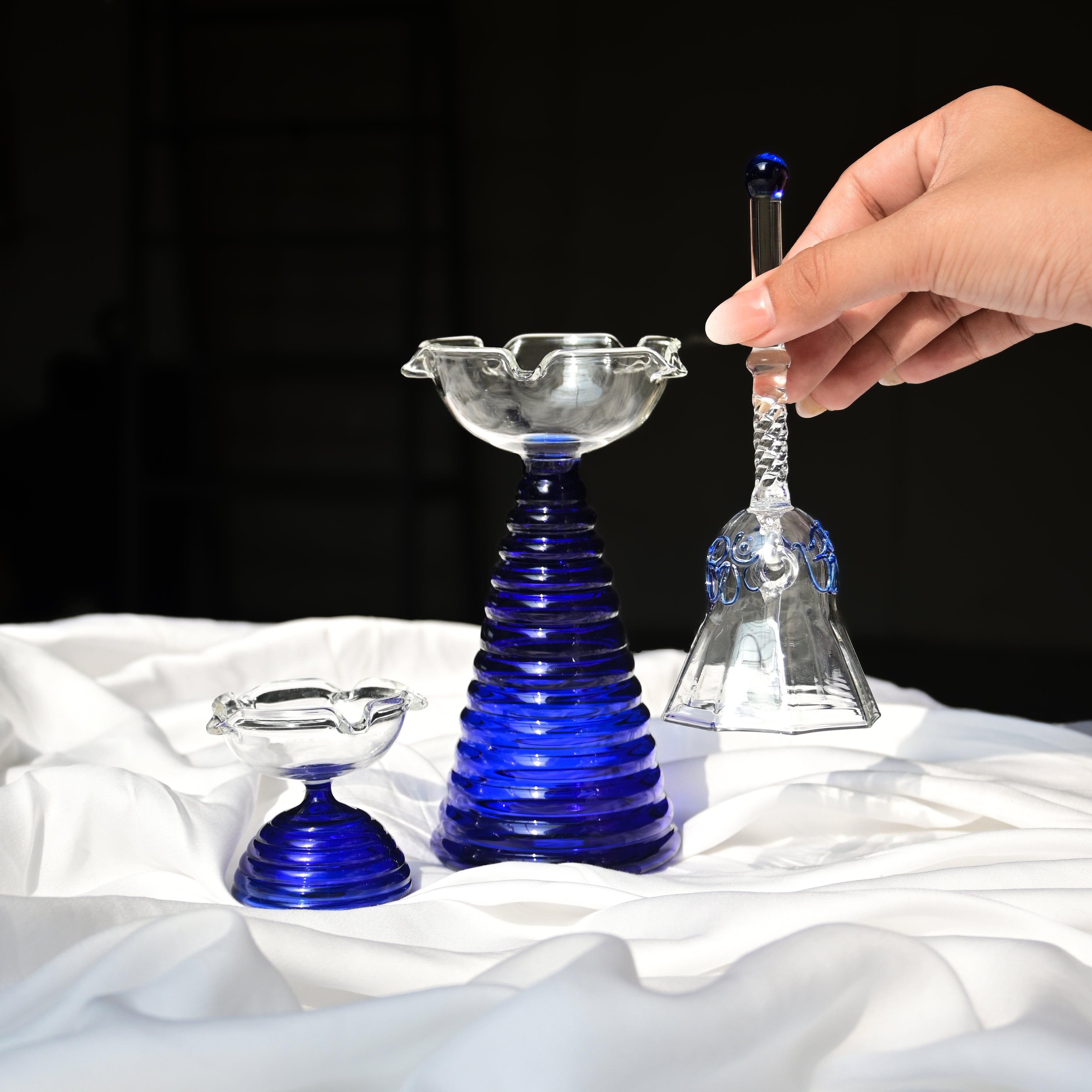 Blue Glass Diya and Glass Bell Pack