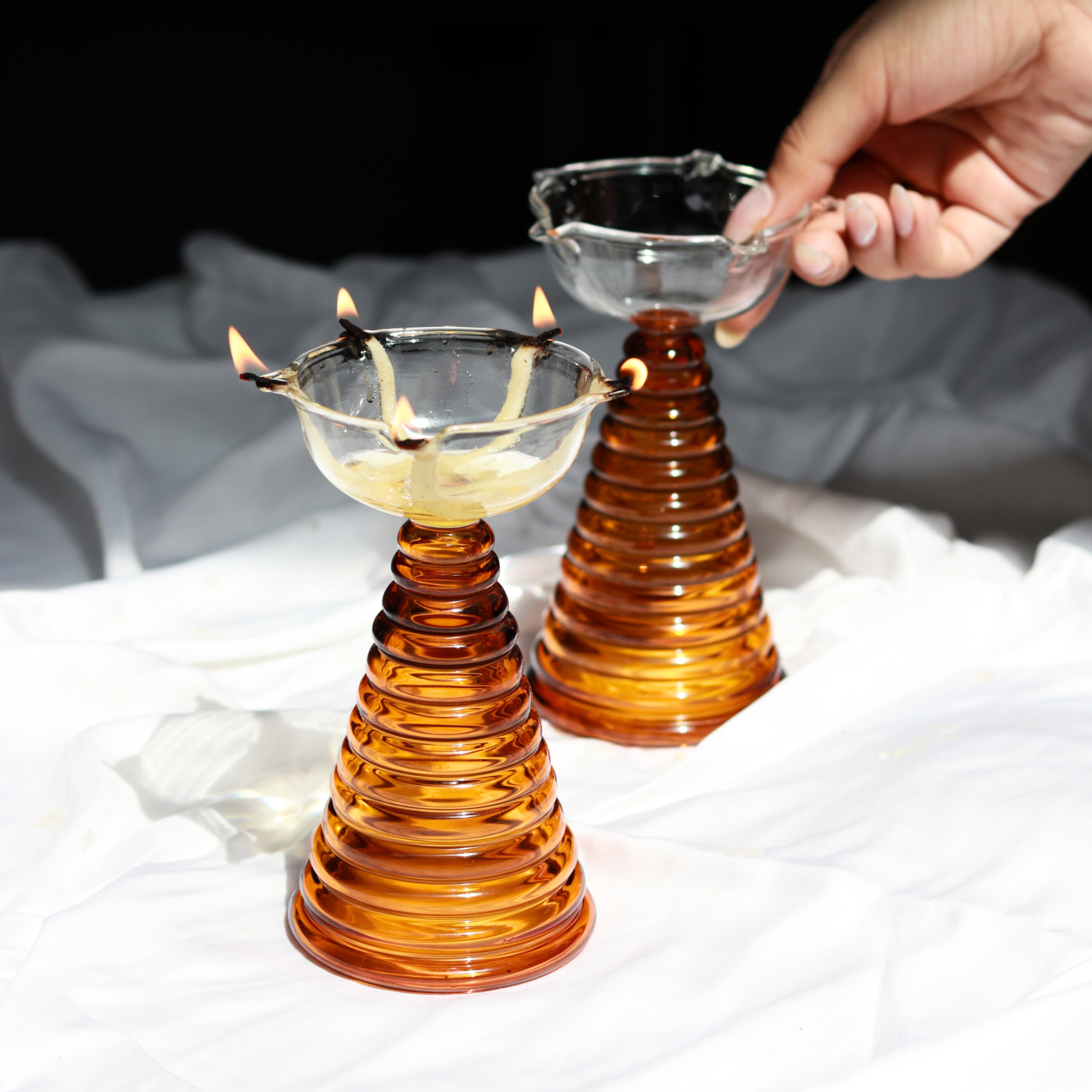 Tall Orange Glass Diya Set