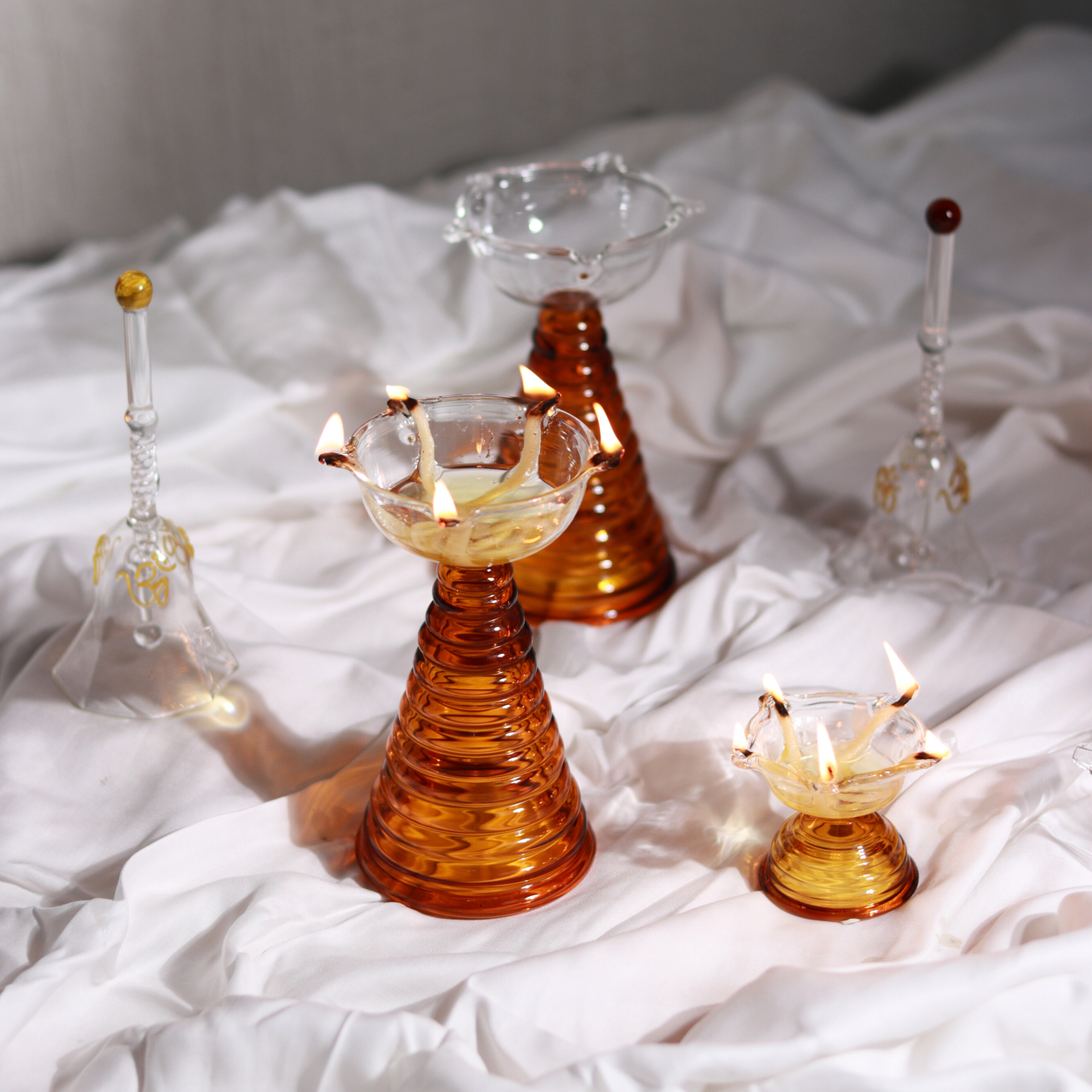 Amber Glass Diya and Glass Bell Combo Set
