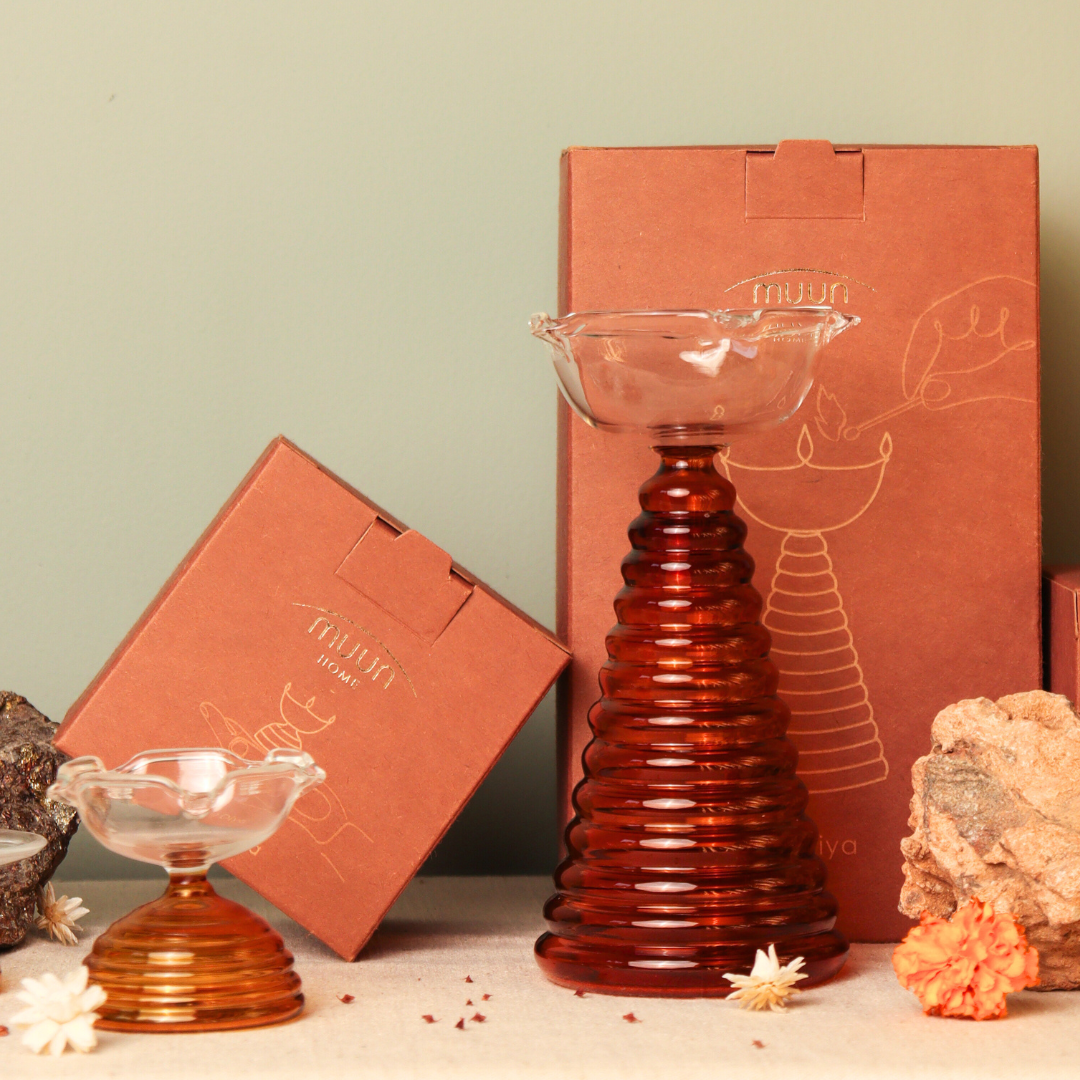 Muun Glass Puja Bundle - Tall Diya + Short Diya + Bell