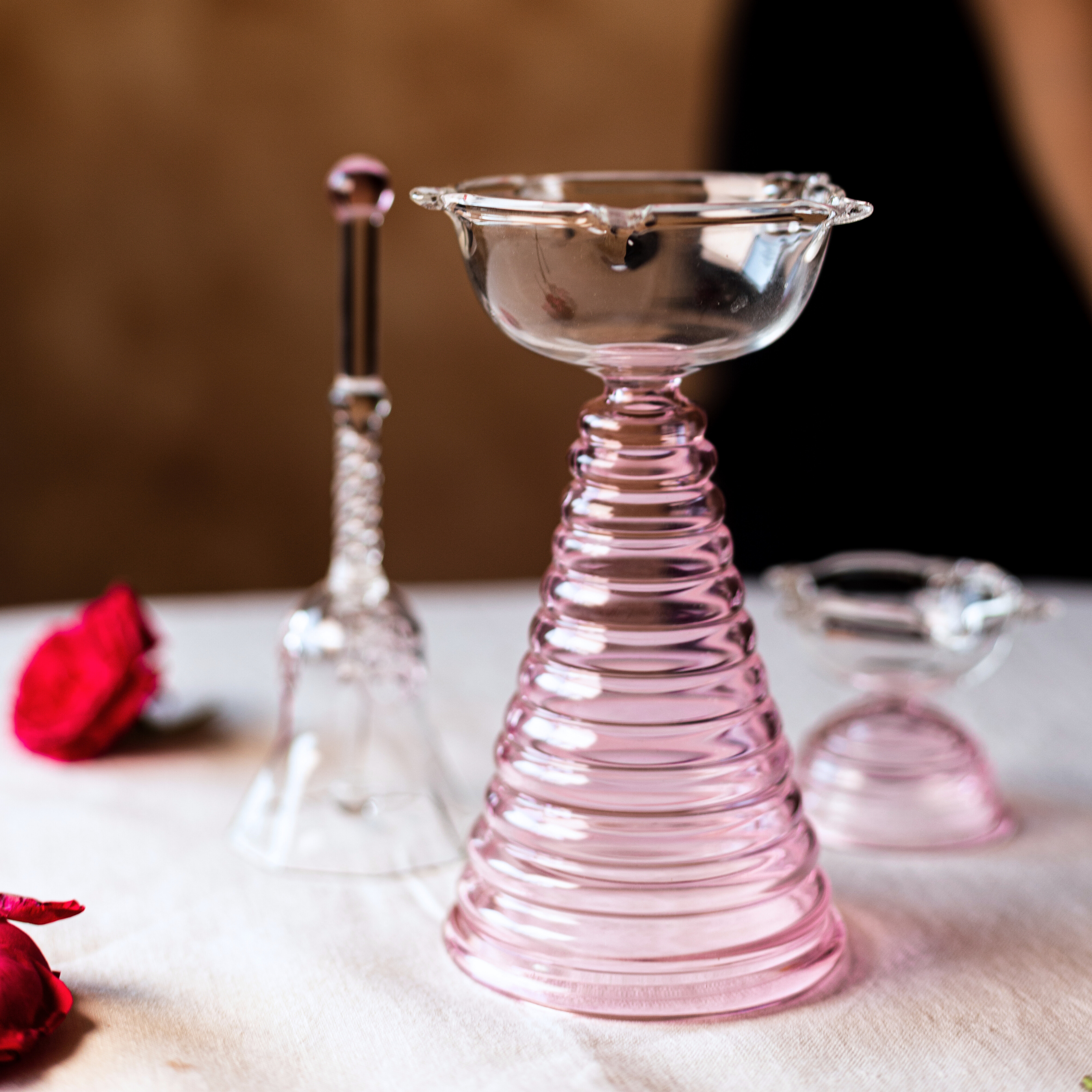 Pink Glass Diya and Glass Bell