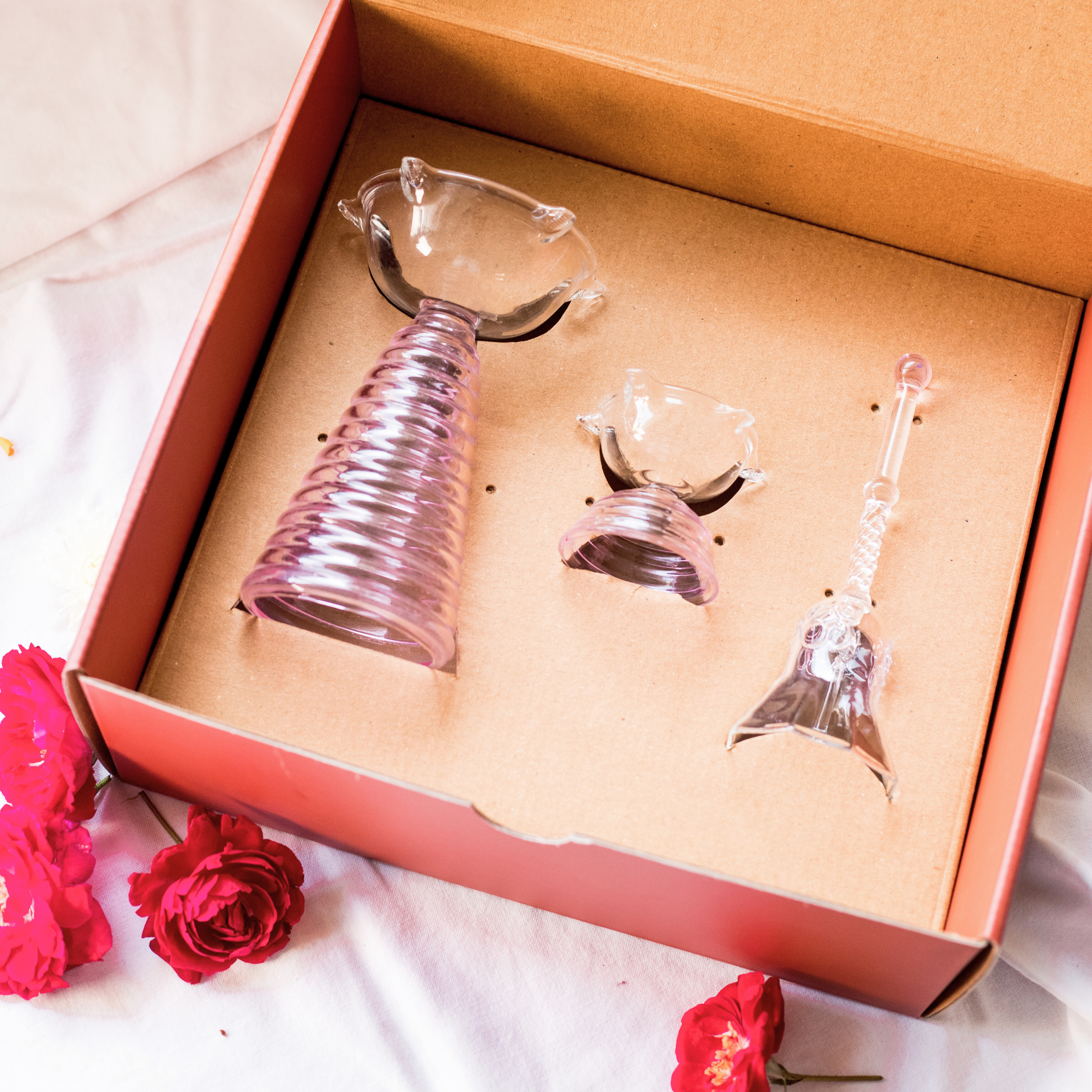 Pink Glass Diya and Glass Bell Box