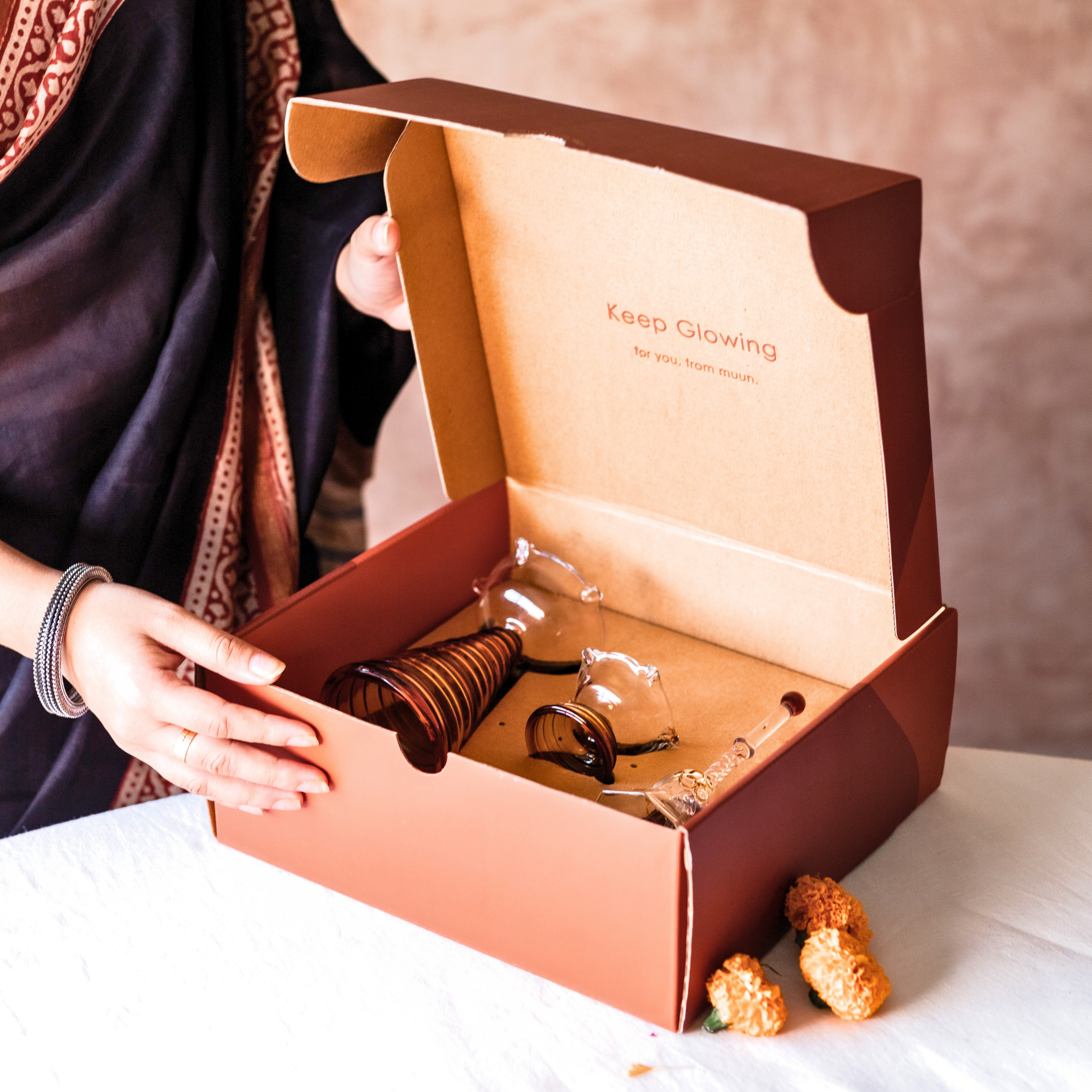 Orange Glass Diya and Glass Bell Box