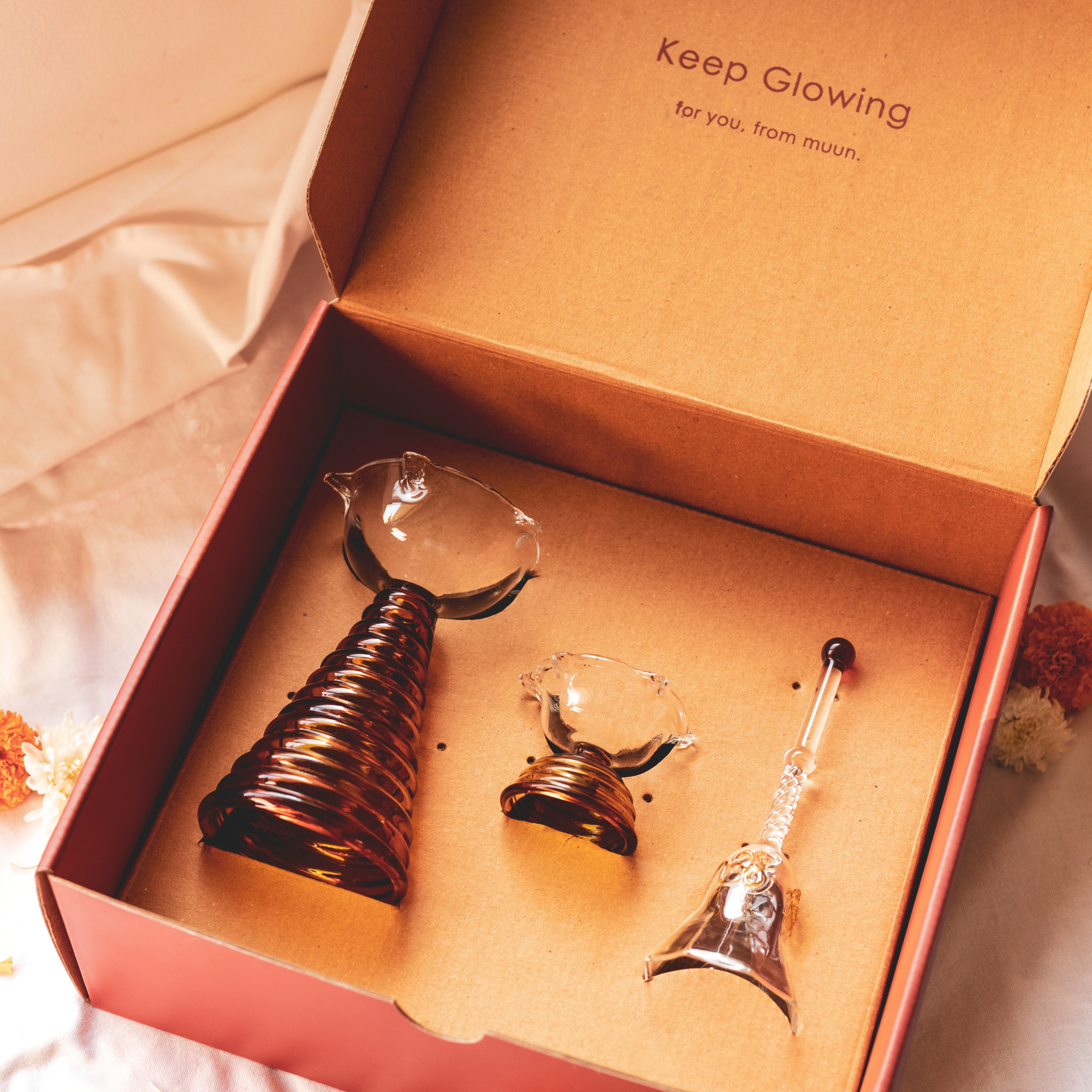 Orange Glass Diya and Glass Bell Box Set