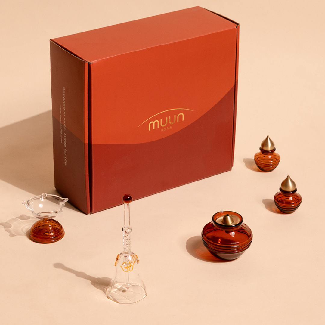 Muun Gift Box - Short Diya + Glass Bell + Kalash Collection