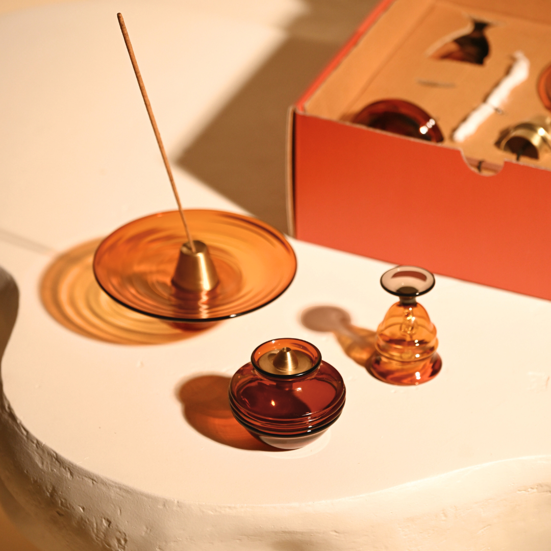 Muun Gift Box - Kalash Oil Lamp + Glass Incense Holder + Short Bell