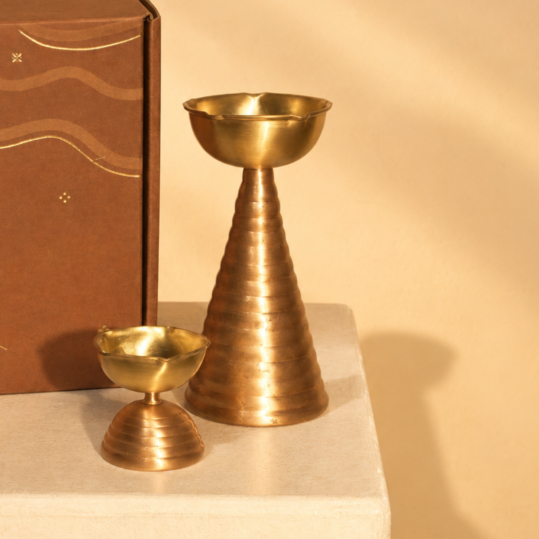 Muun Brass Diya Pair Gift Set - Tall & Short Diyas