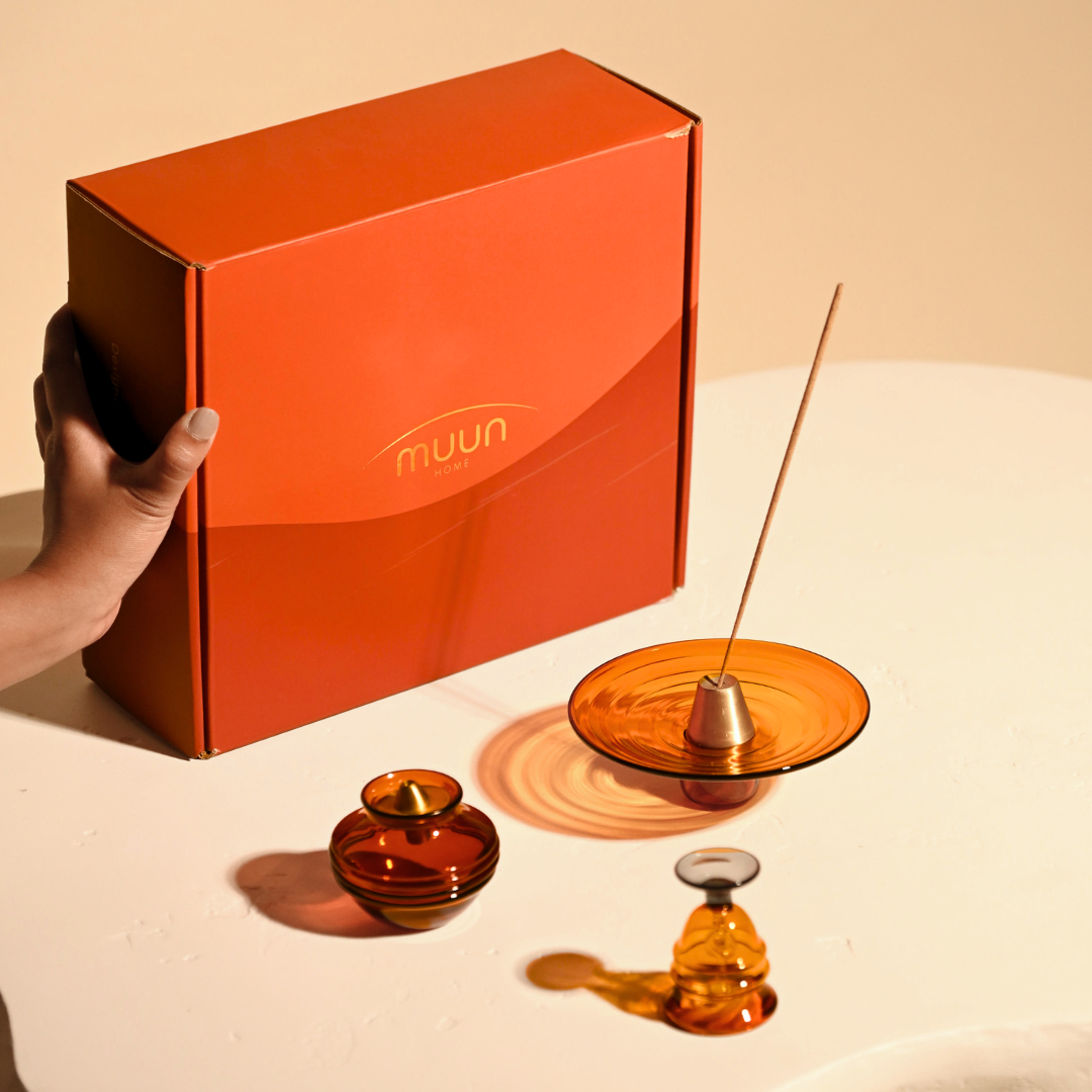 Muun Gift Box - Kalash Oil Lamp + Glass Incense Holder + Short Bell