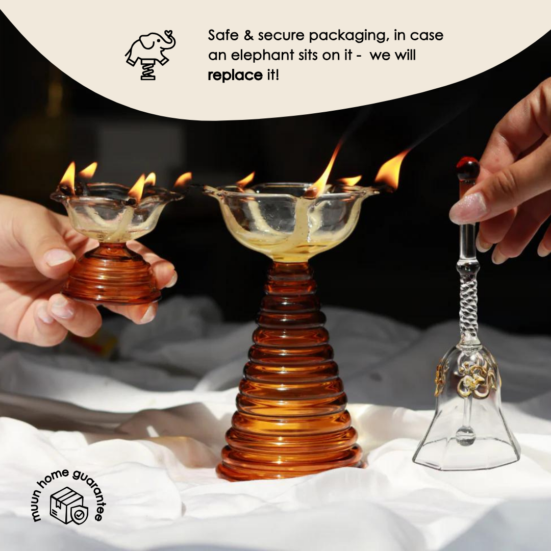 Muun Glass Puja Bundle - Tall Diya + Short Diya + Bell