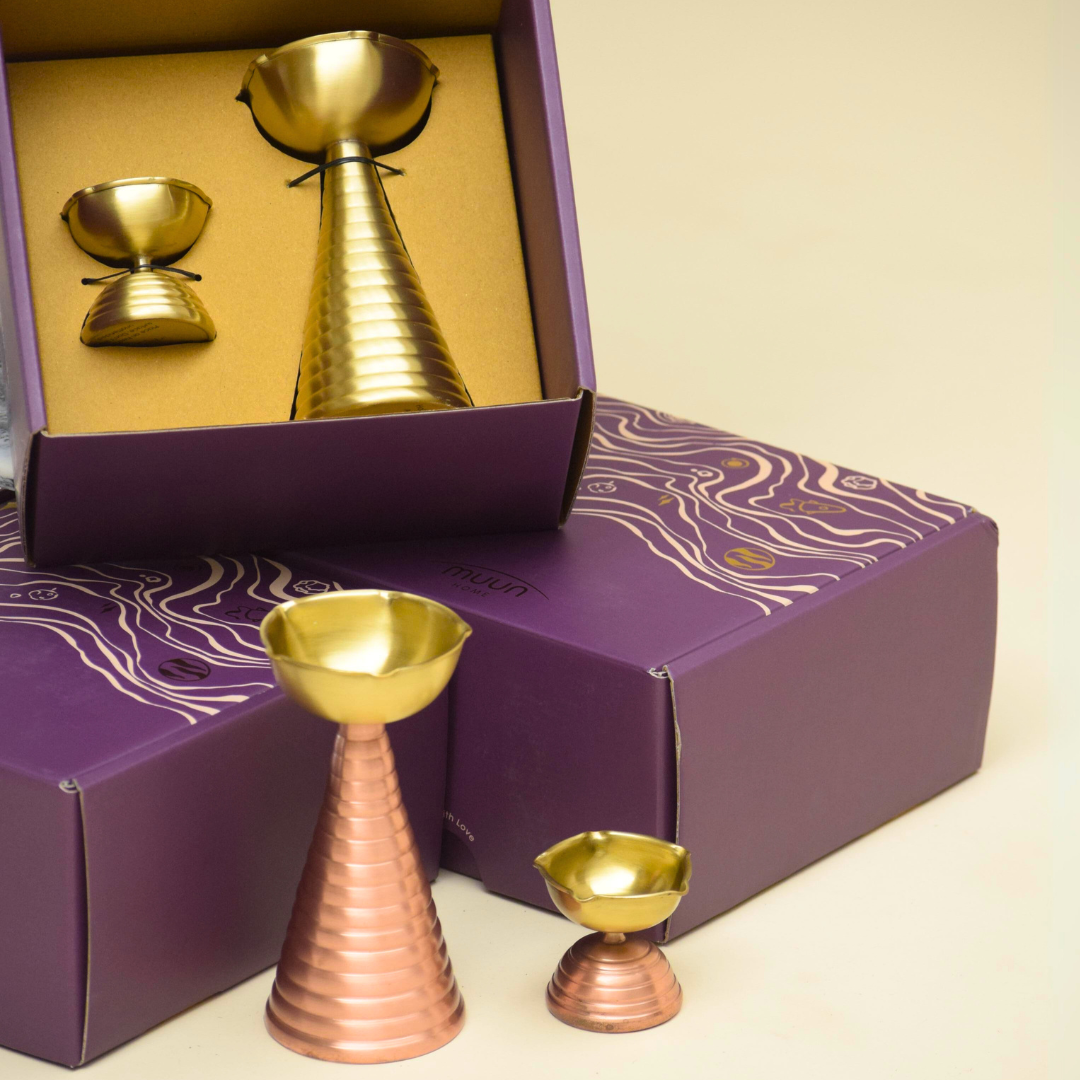 Muun Brass Diya Pair Gift Set - Tall & Short Diyas