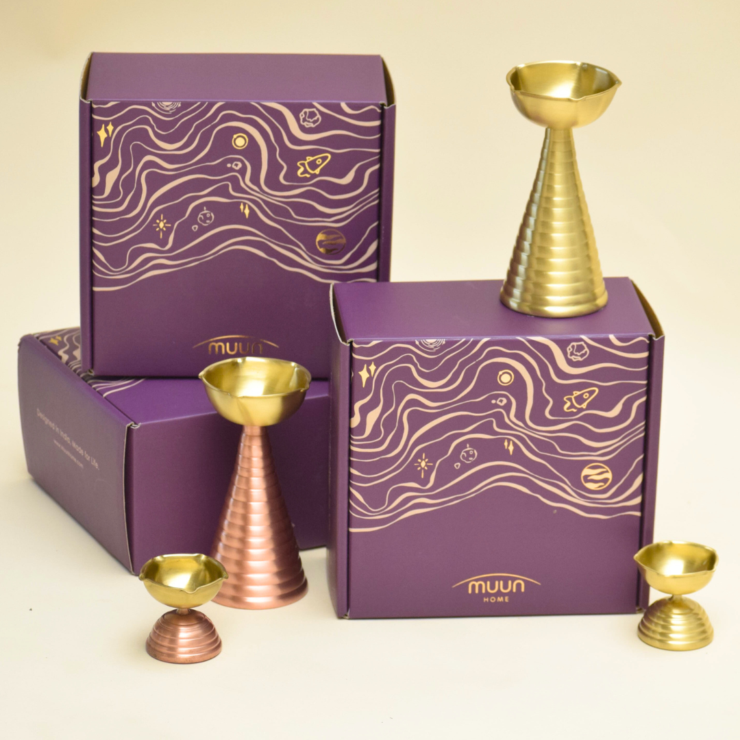 Muun Brass Diya Pair Gift Set - Tall & Short Diyas