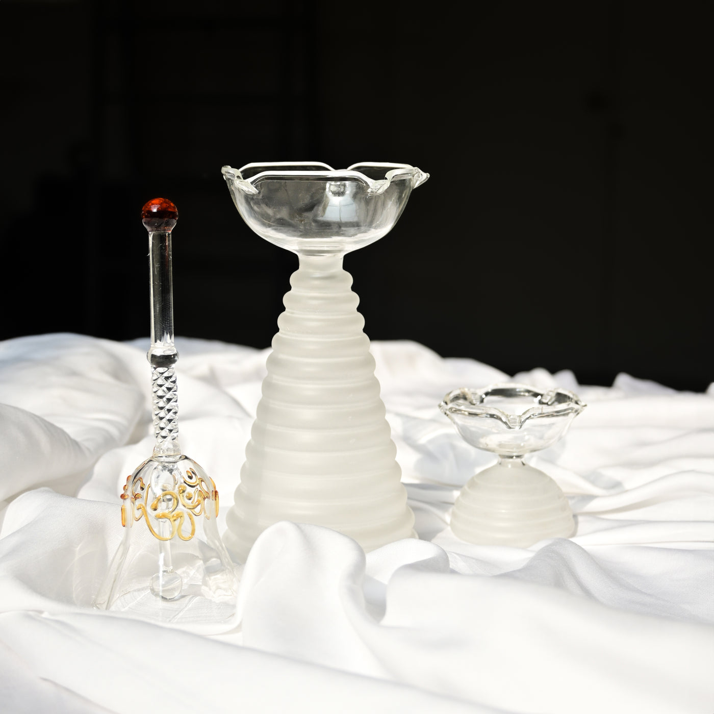 White Glass Diya and Glass Bell Set