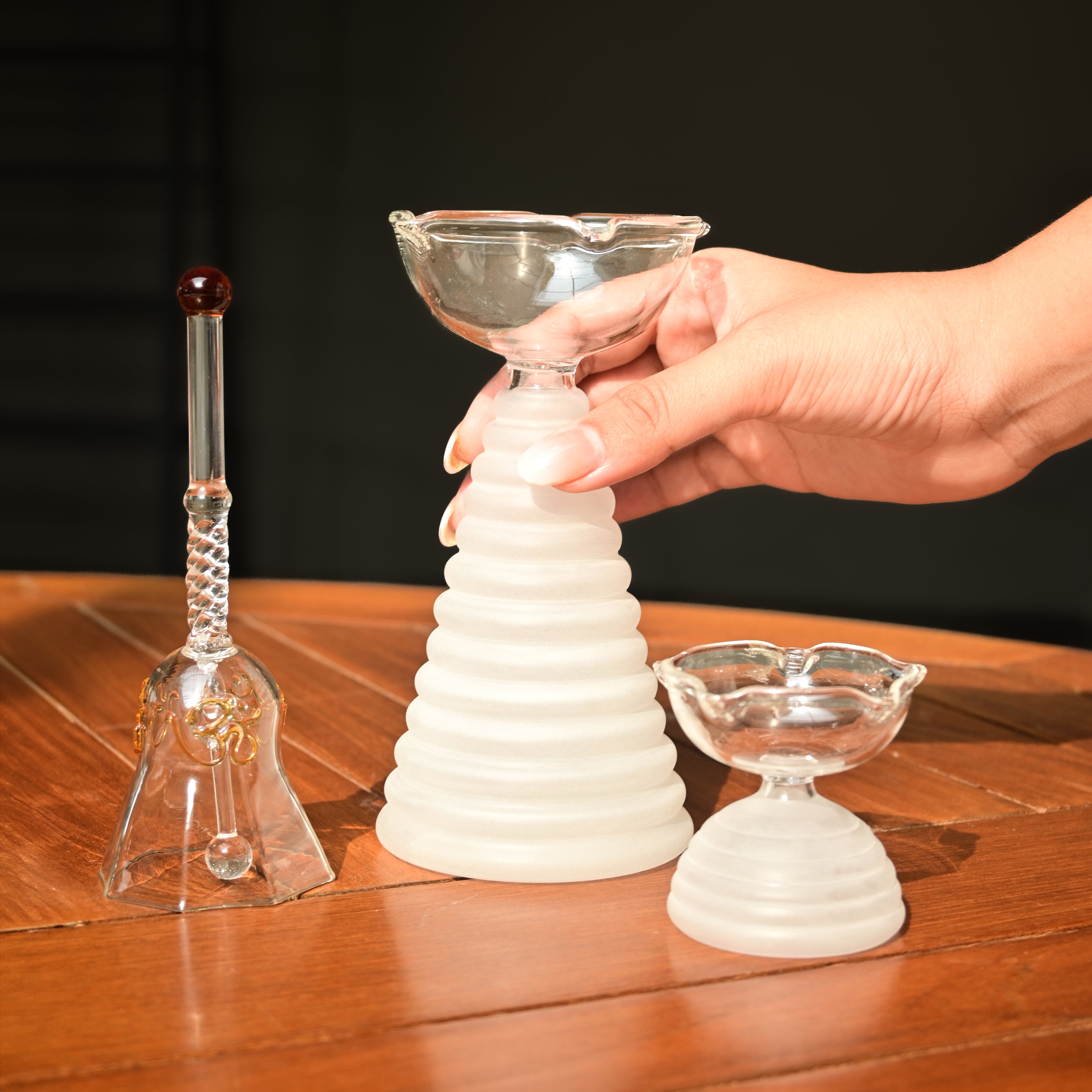 Glass Puja Bundle - Tall Diya + Short Diya + Bell
