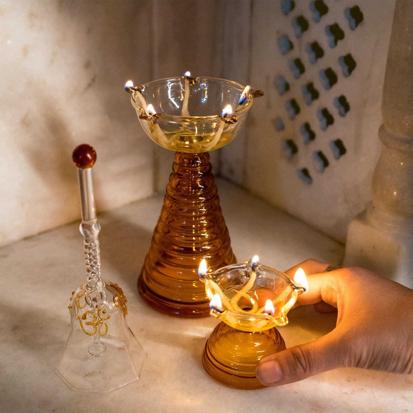 Glass Bell and Orange Glass Diya Set