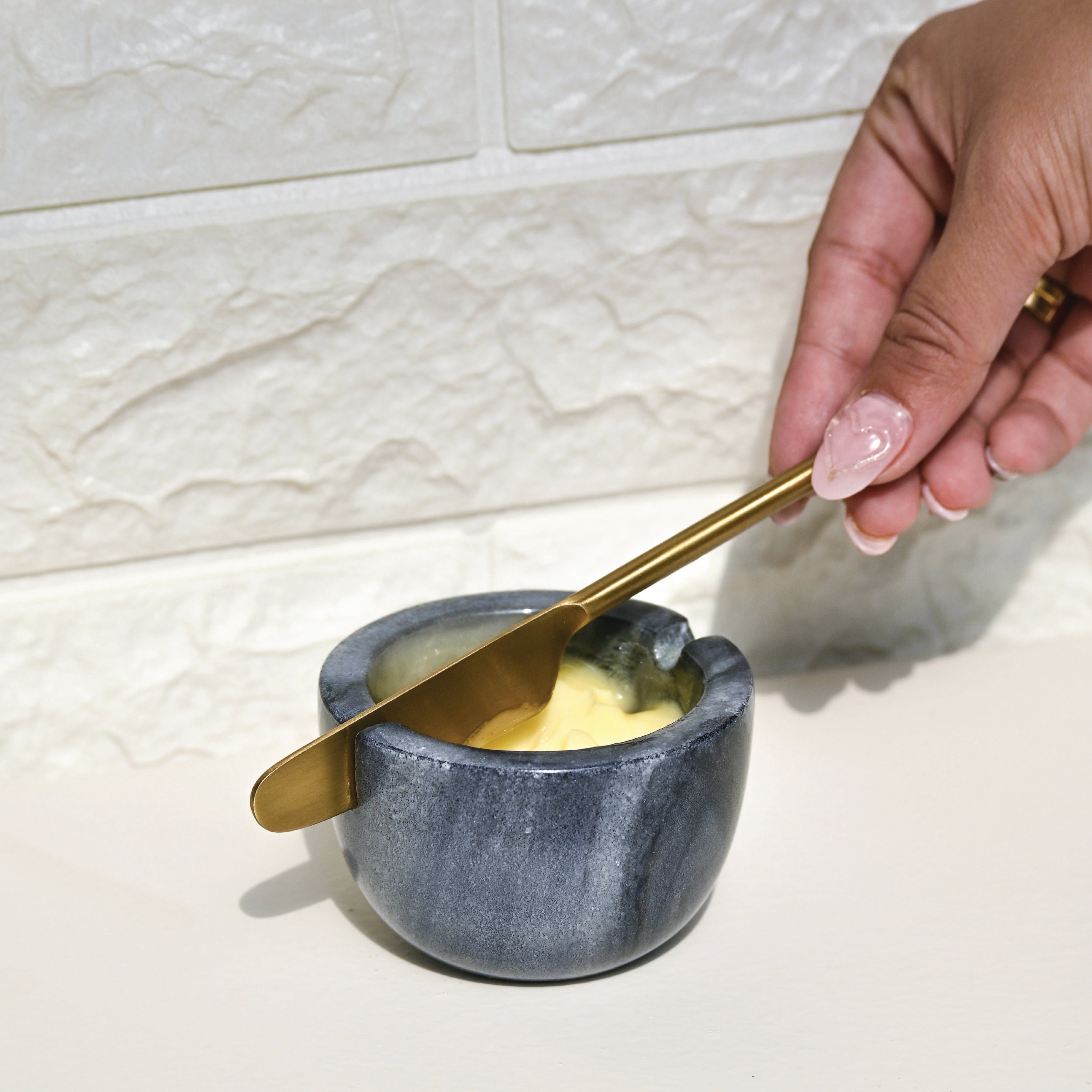 Marble Butter Dish with Gold Knife