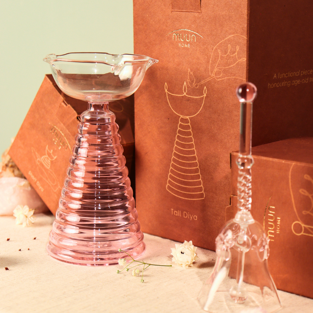 Muun Glass Puja Bundle - Tall Diya + Short Diya + Bell